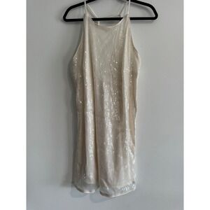 A New Day Sequin Halter Mini Dress Womens Large Cream Low Back Sparkly evening